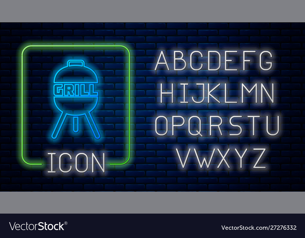 Glowing neon barbecue grill icon isolated on brick