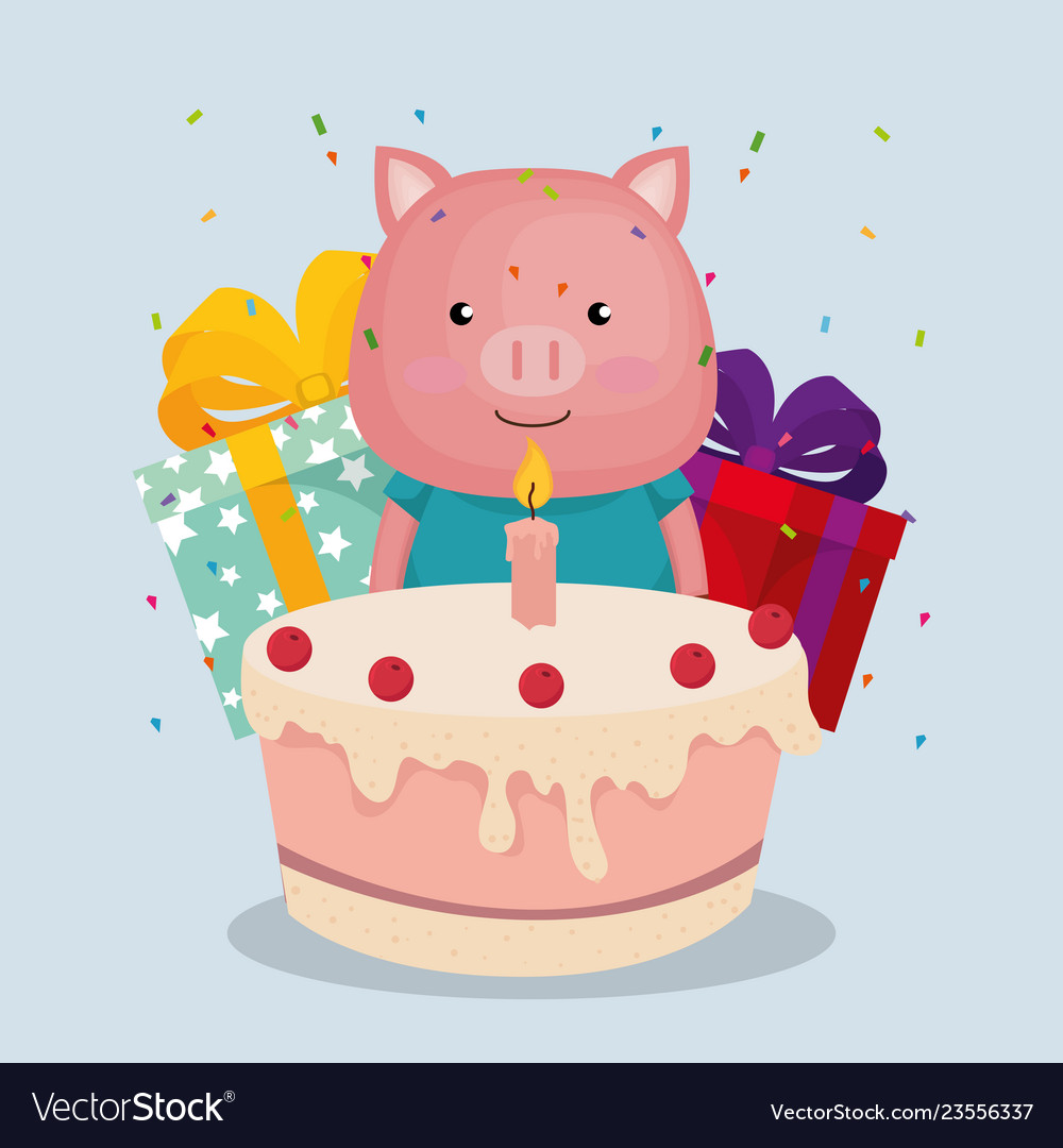 Cute and little pig with gifts cake Royalty Free Vector