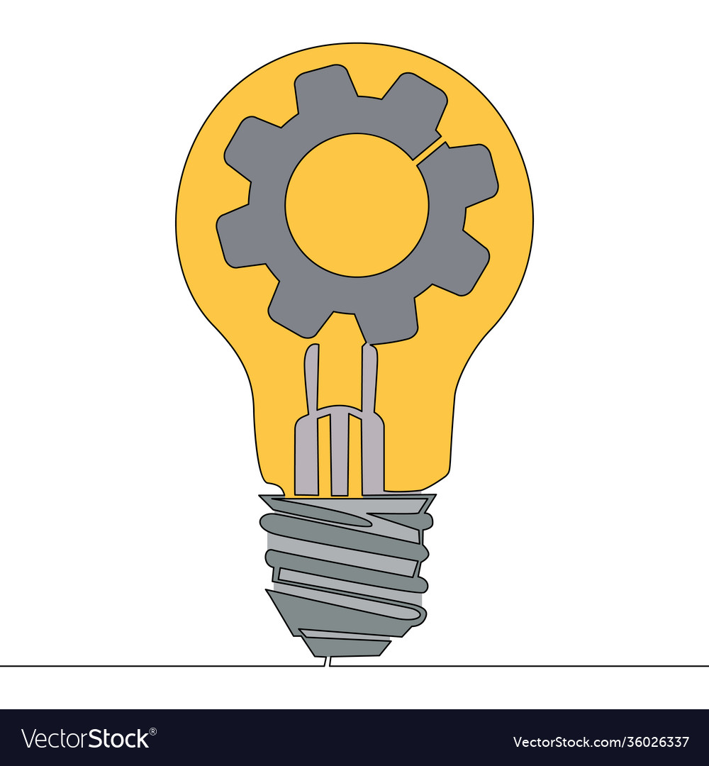 Flat continuous line lightbulb and cogwheel Vector Image Flat continuous line lightbulb and cogwheel