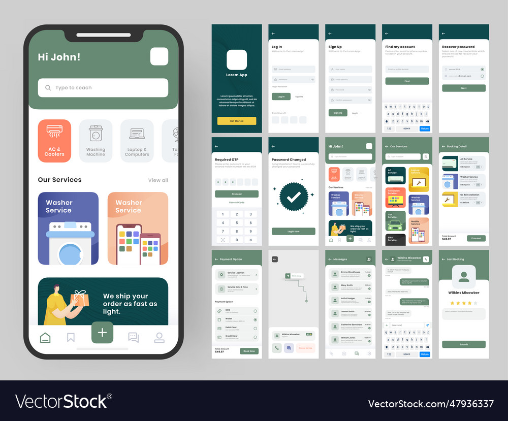 Mobile app ui kit with different gui layout