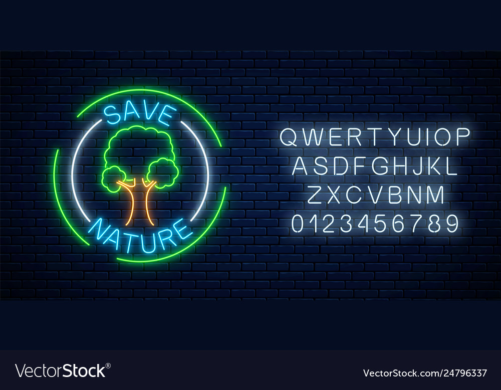 Neon save nature symbol with tree and text
