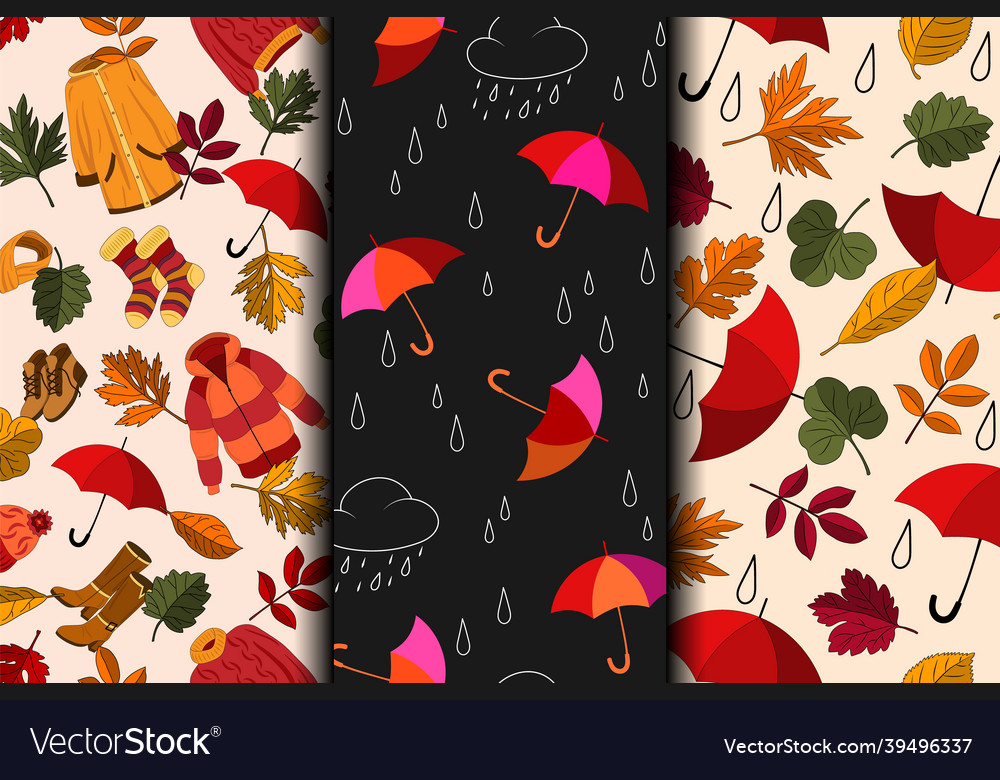 Set of seamless autumn patterns with umbrellas
