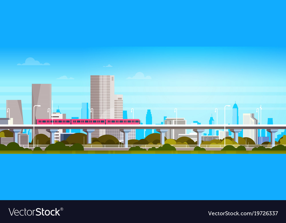 Subway train over modern city panorama with high