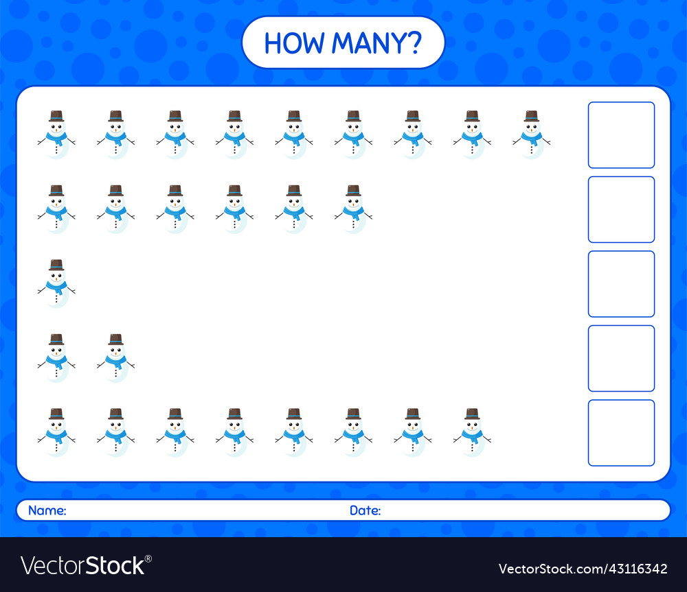 How many counting game with snowman worksheet Vector Image How many counting game with snowman worksheet
