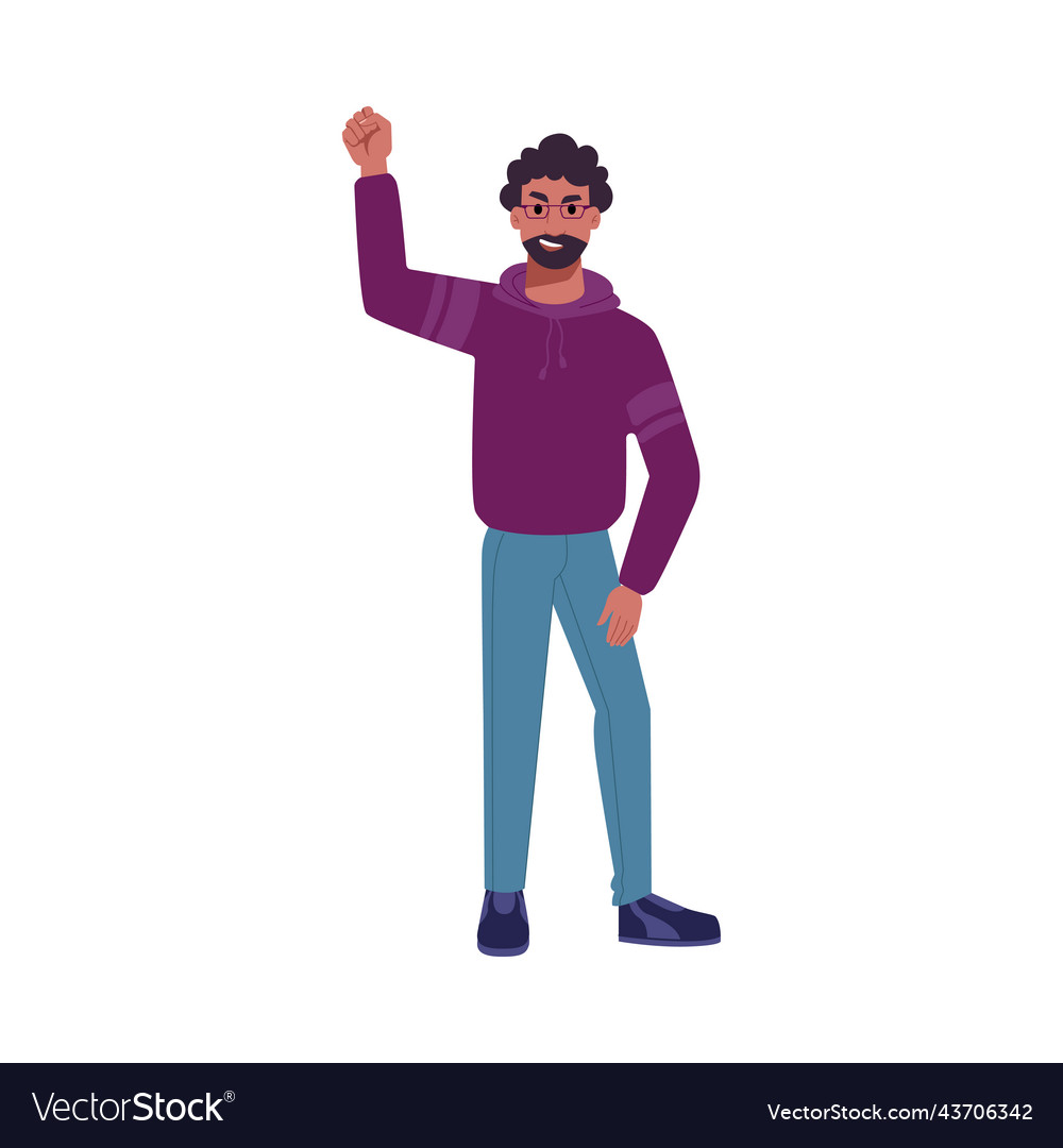 Protester activist with raised fist flat cartoon vector image Protester activist with raised fist flat cartoon