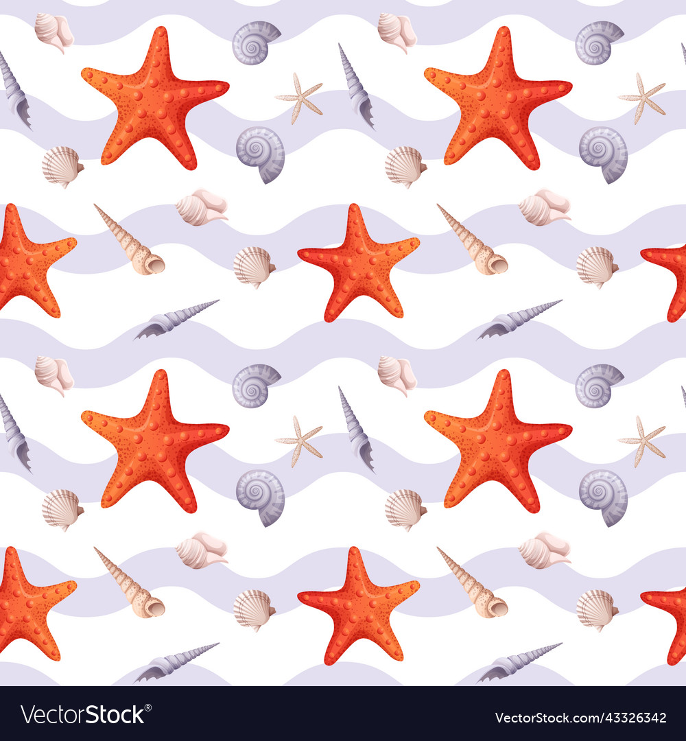 Seamless pattern with starfish and seashells