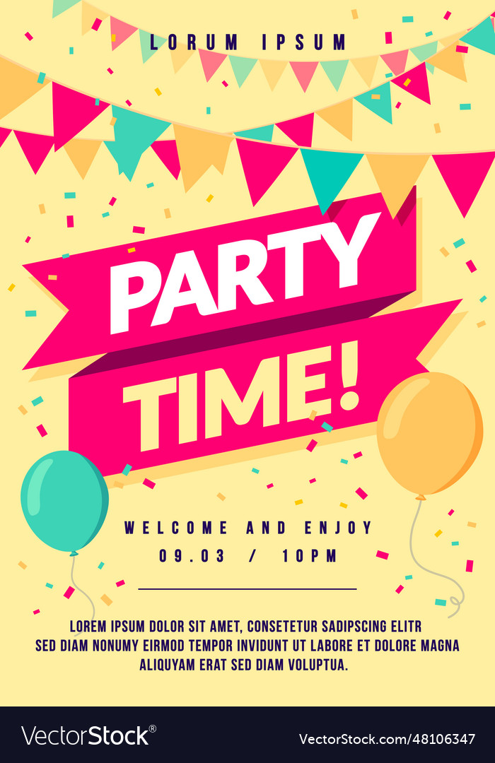 Colorful party time poster with balloons Vector Image