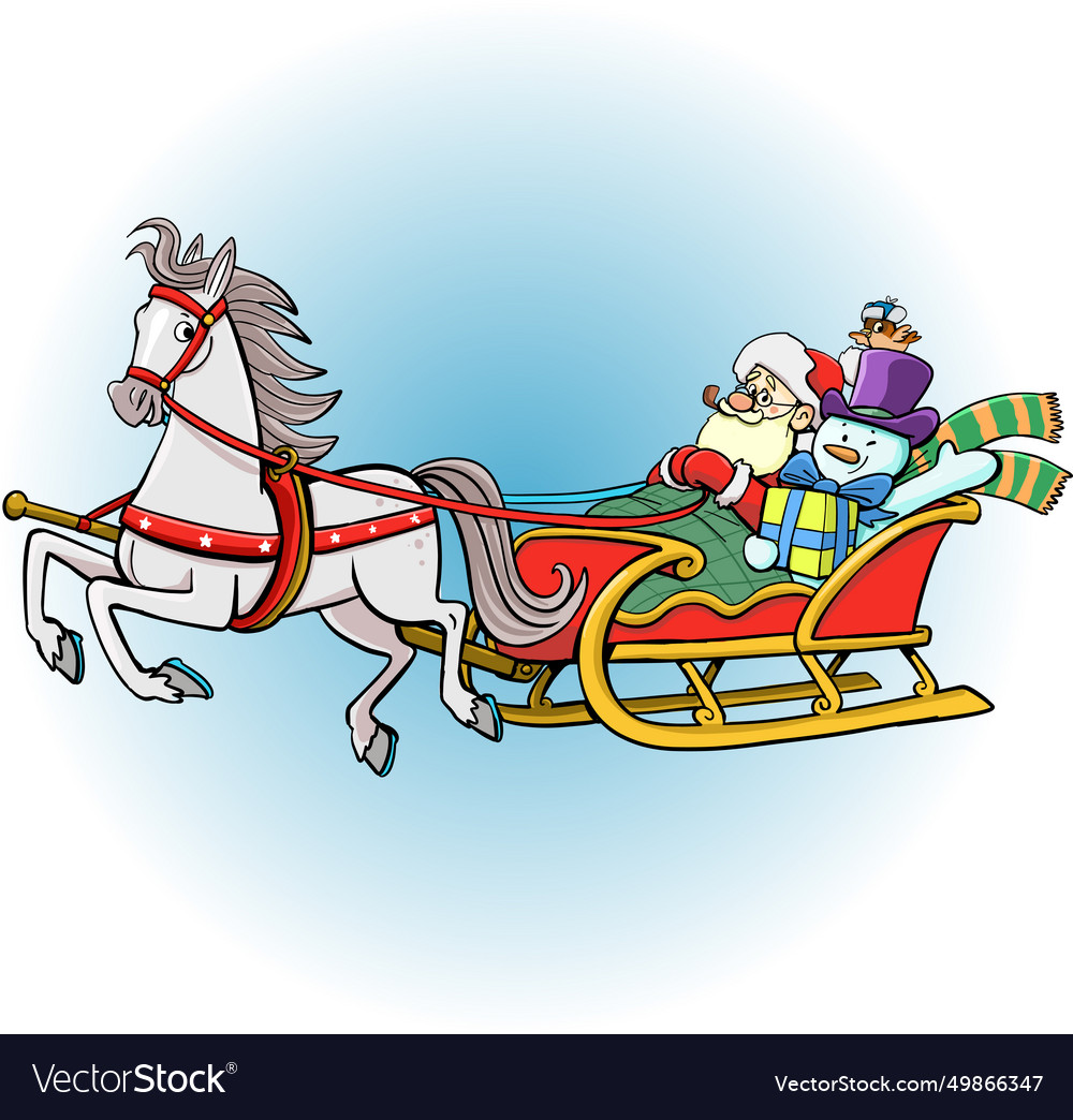 Santa claus and snowman in a horse-drawn sleigh