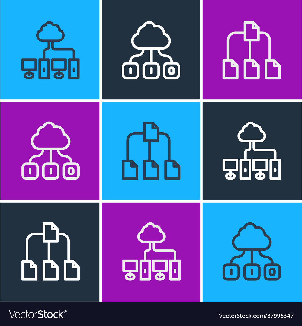 Set line computer network folder tree and cloud vector image Set line computer network folder tree and cloud