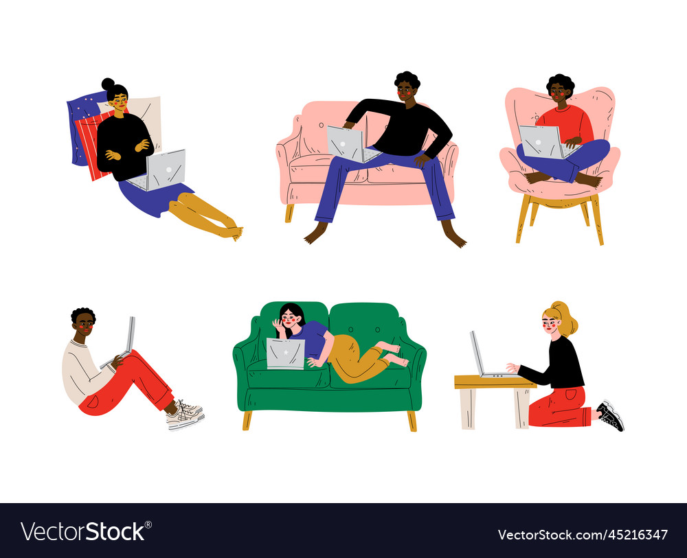 Junge Mann und Frau freelancer mit Laptop arbeiten vector image Junge Mann und Frau freelancer mit Laptop arbeiten