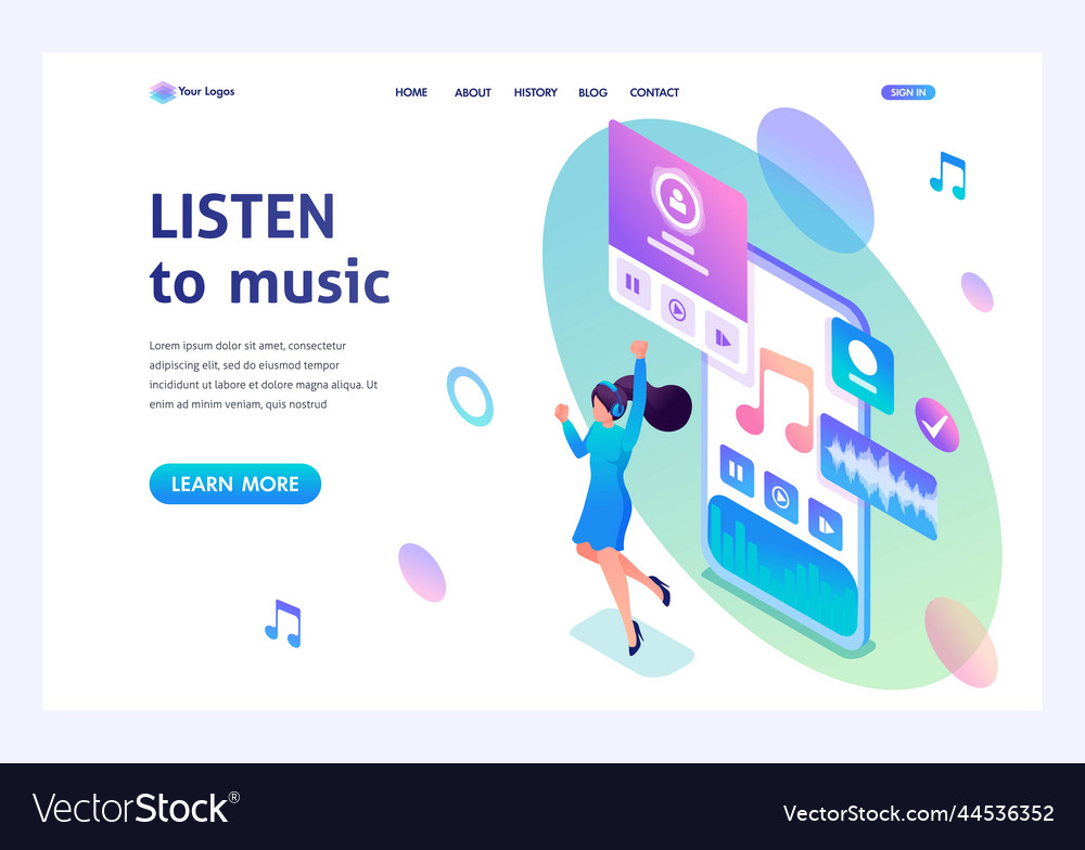 Isometric concept the girl listens to music Vector Image