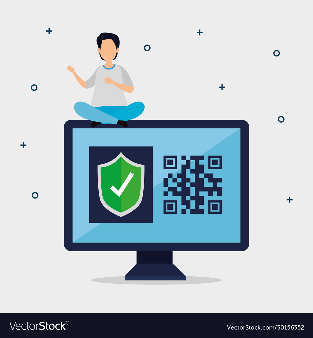 Scannen von Code qr in Computer mit Mann und Icons vector image Scannen von Code qr in Computer mit Mann und Icons