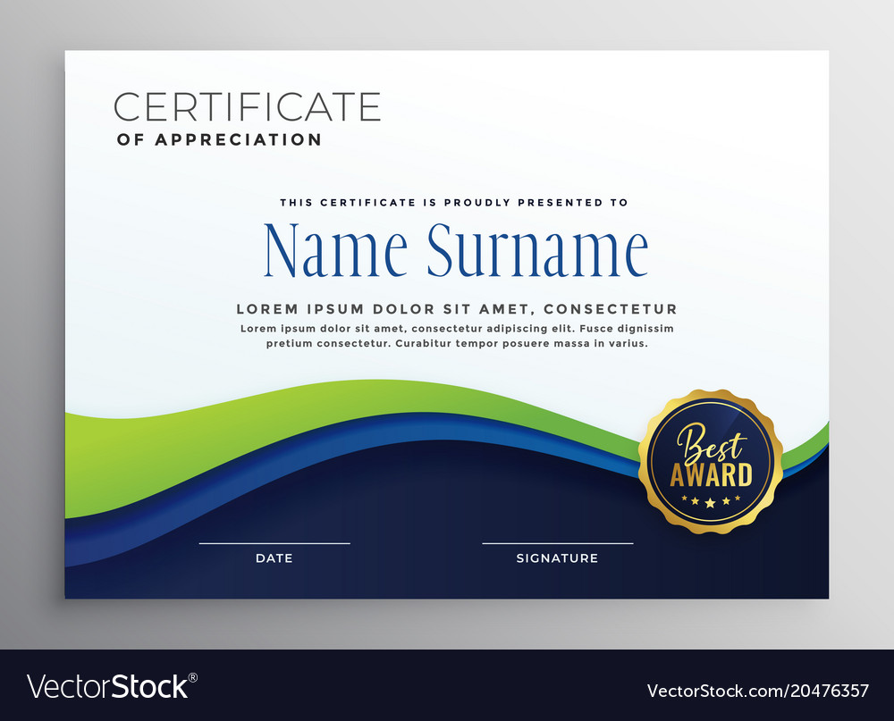 Certificae template design with blue green wave Vector Image