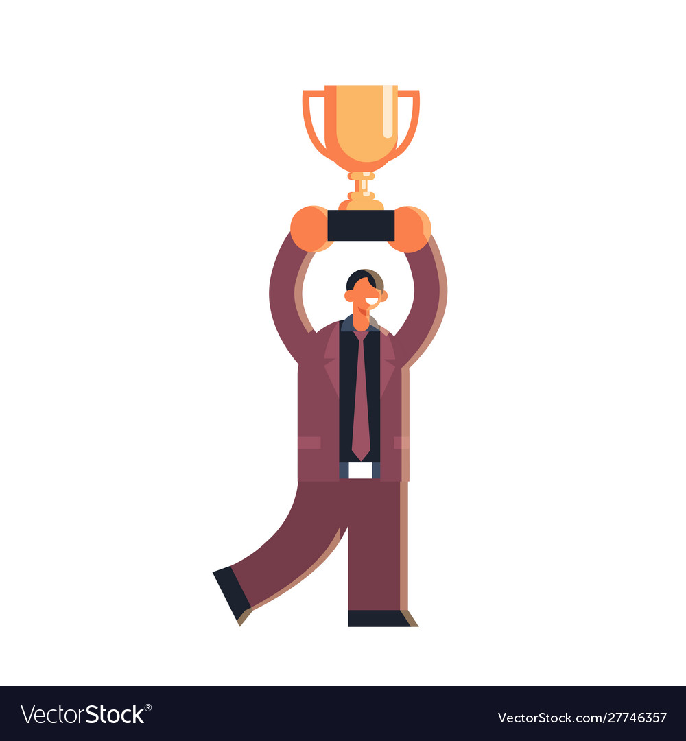 Happy businessman holding golden cup successful Vector Image