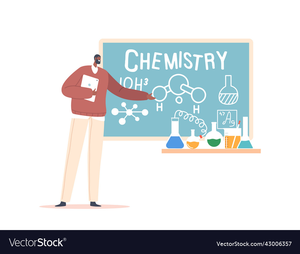 Teacher with tablet stand at blackboard explain Vector Image