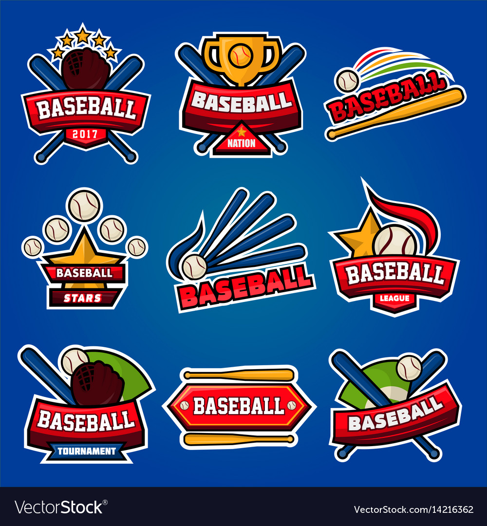 Baseball logotypes with equipments poster on blue Vector Image