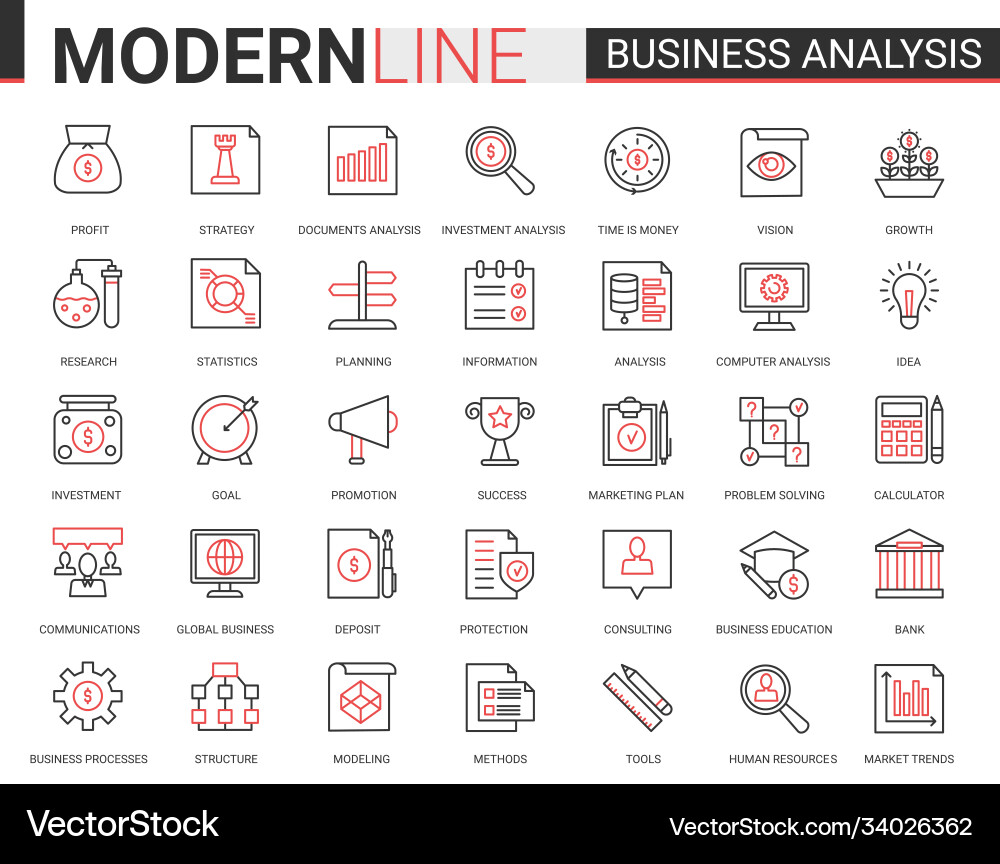 Business analytics flat thin red black line icons Vector Image