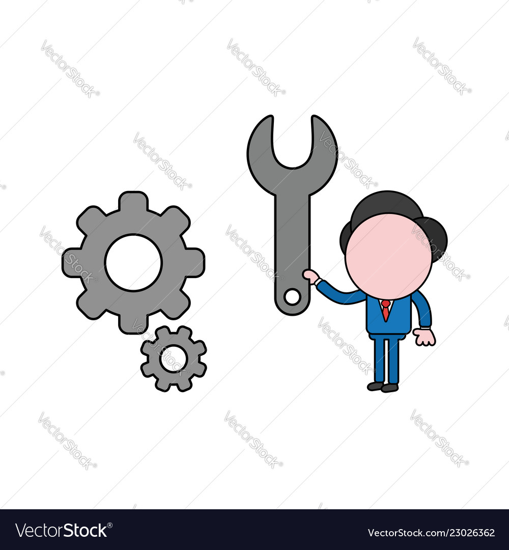 Businessman character holding spanner to gears