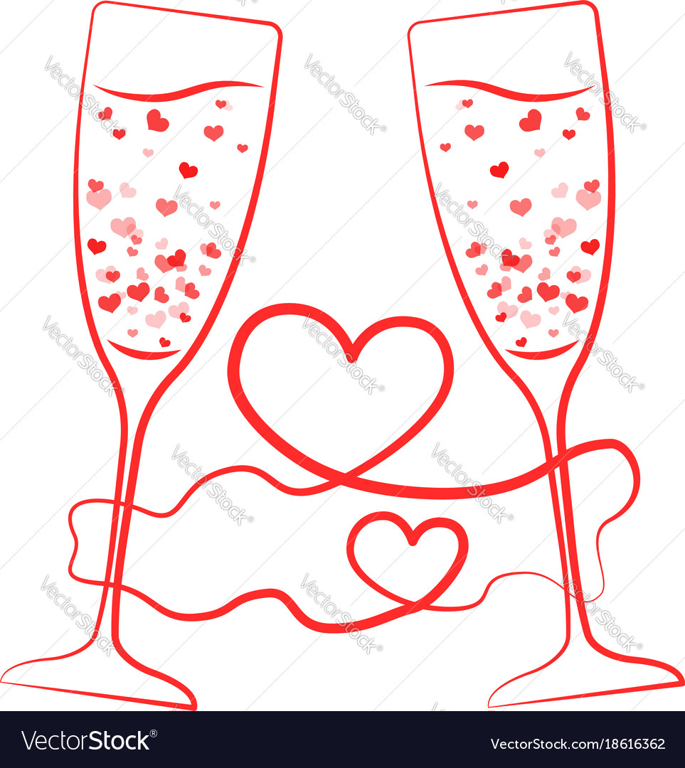 Champagne glass hearts with red ribbon Royalty Free Vector