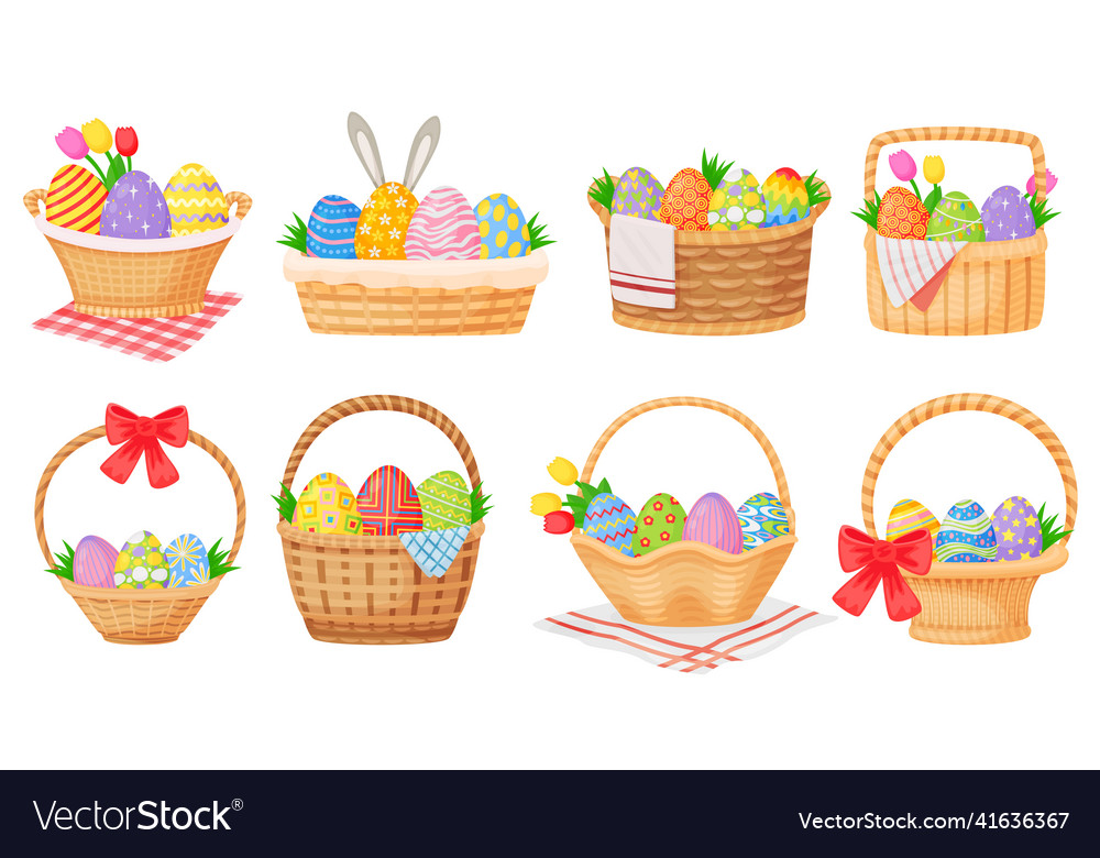 Cartoon easter baskets with painted eggs Vector Image