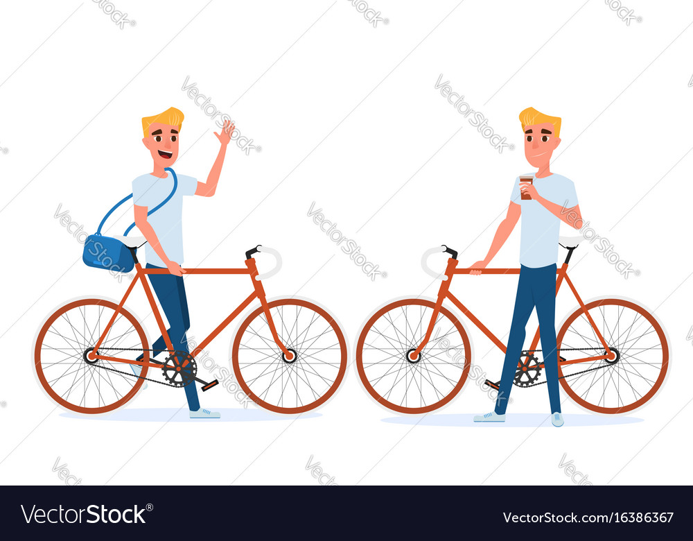 Hipster young man with bicycle and coffee