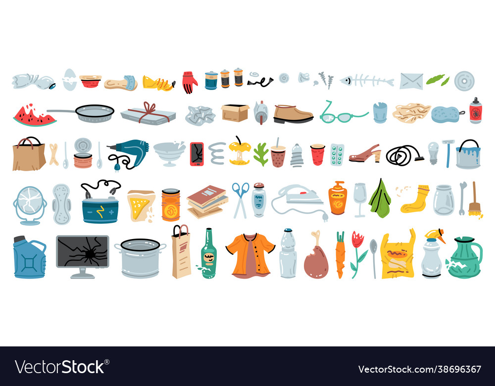 Set various garbage for concept design vector image Set various garbage for concept design