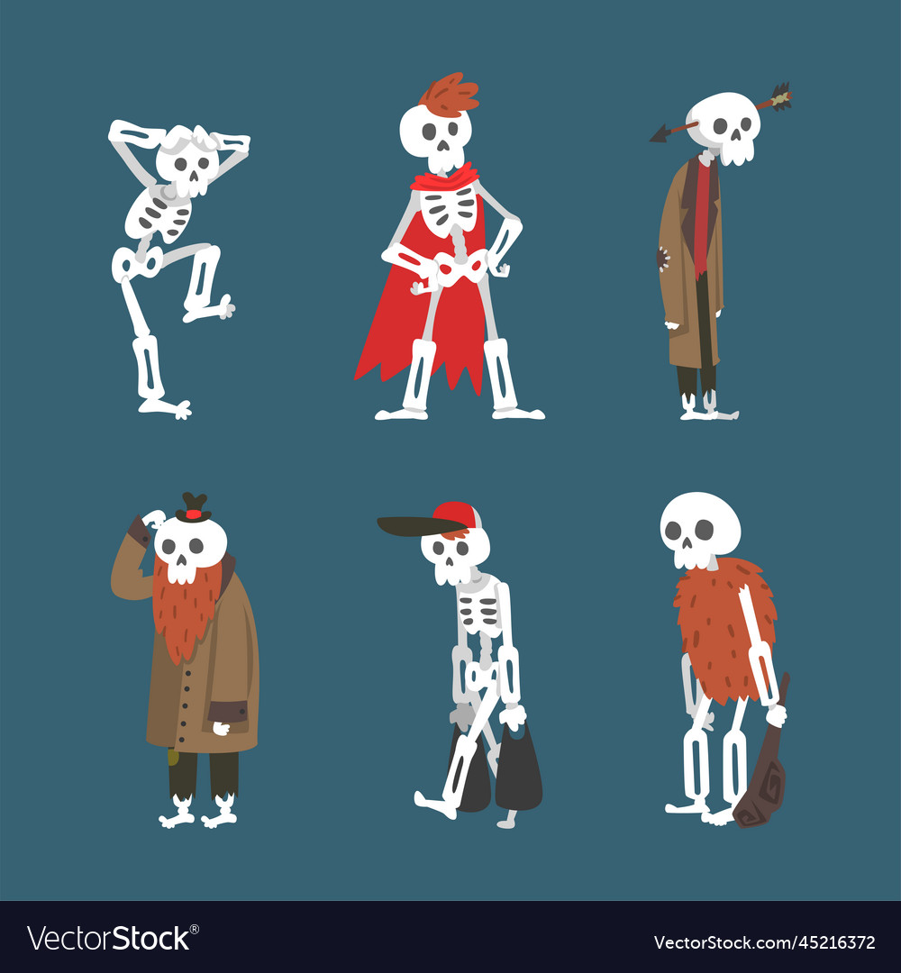 Bony skeleton character in different pose Vector Image