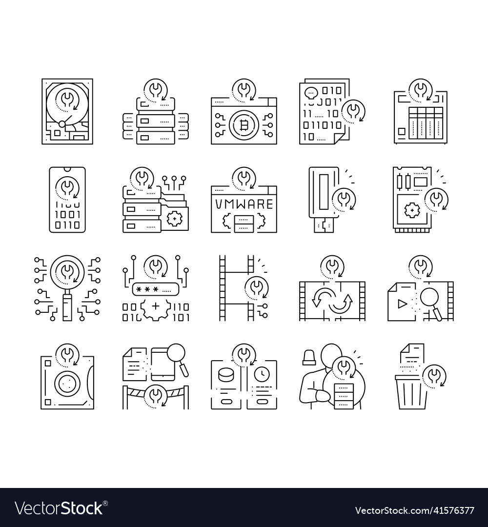 Data recovery computer processing icons set vector image Data recovery computer processing icons set
