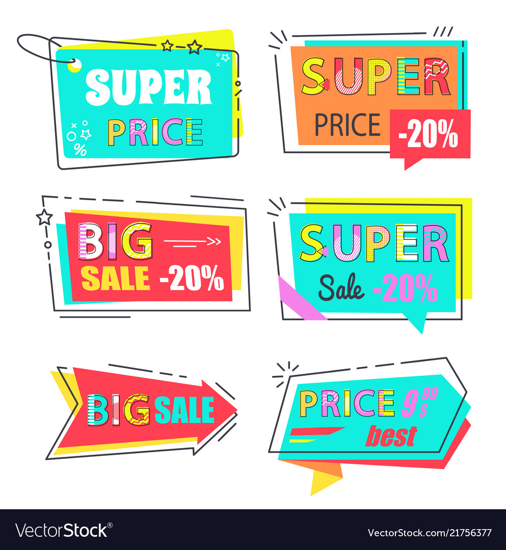 Super price big sale 20 set stickers flat style vector image Super price big sale 20 set stickers flat style