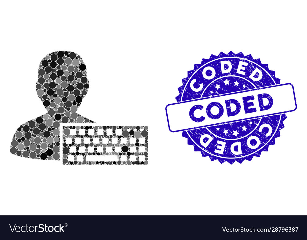 Collage coder icon with distress coded stamp vector image Collage coder icon with distress coded stamp