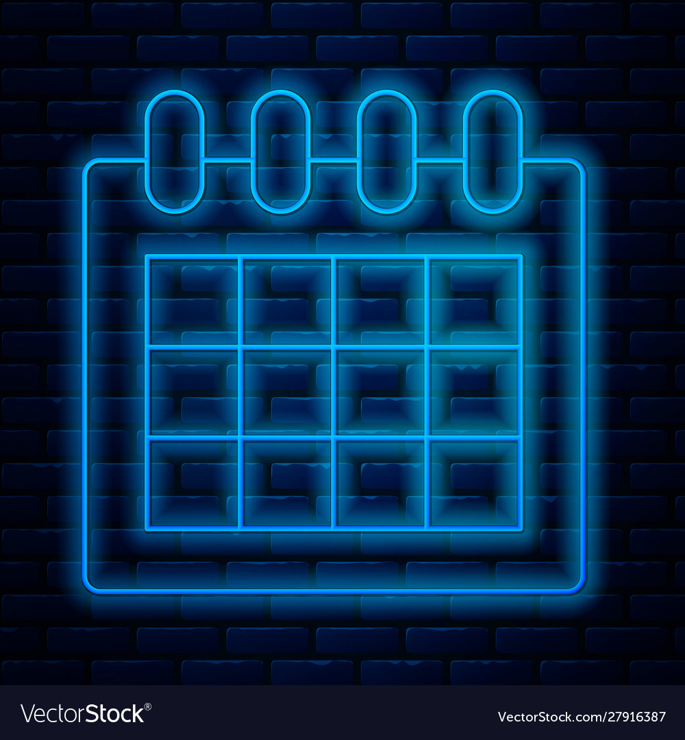 Glowing neon line calendar icon isolated on brick