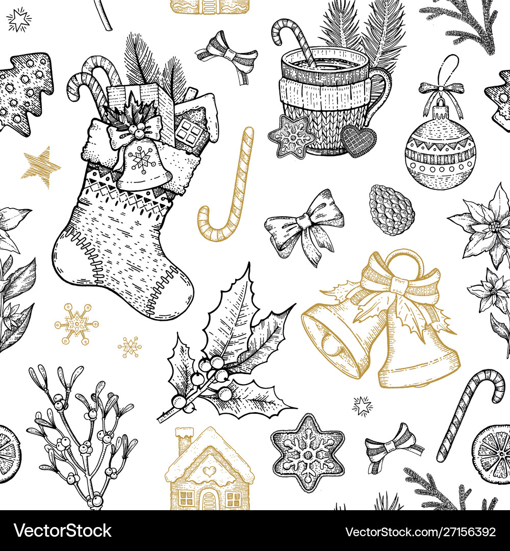 Christmas object seamless pattern hand drawn Vector Image