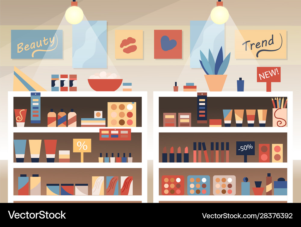Cosmetics store interior with products on the Vector Image