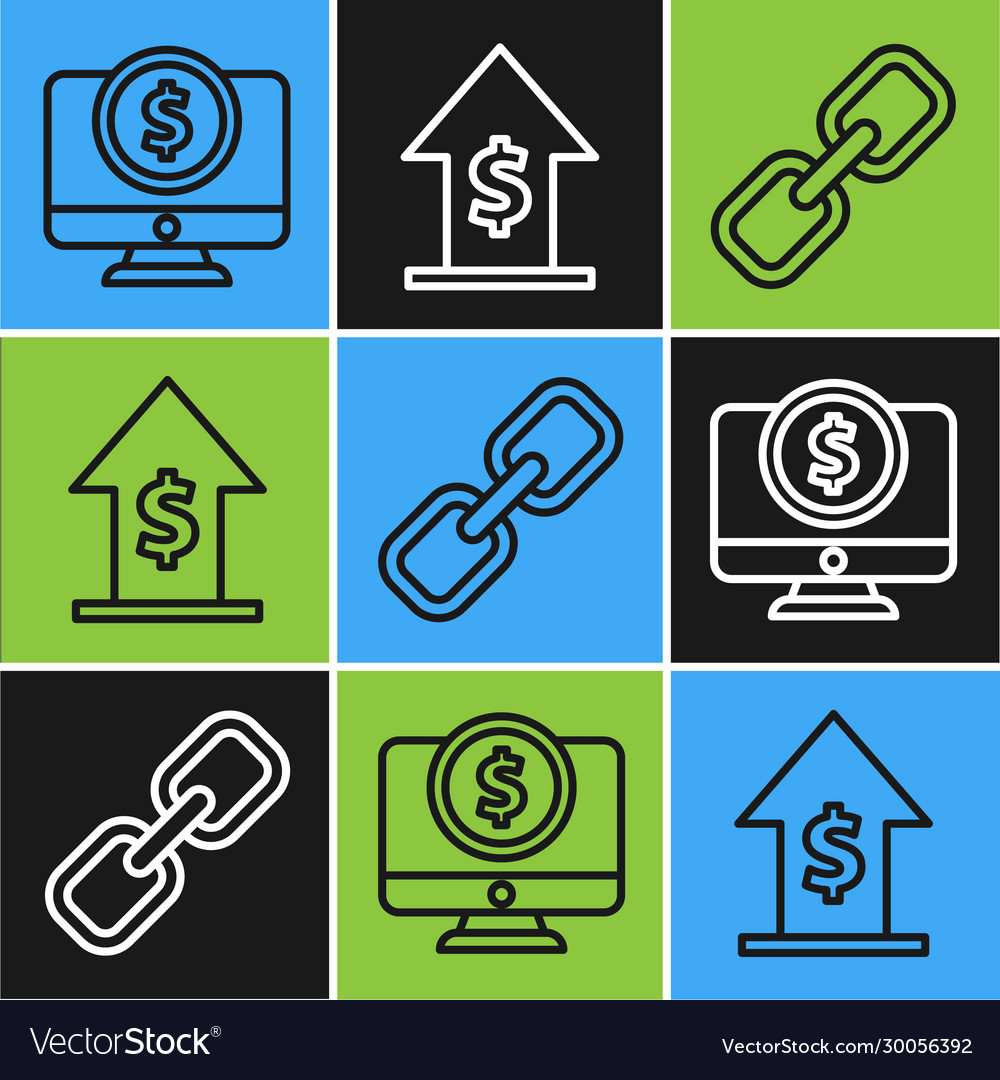 Set line computer monitor with dollar chain link vector image Set line computer monitor with dollar chain link