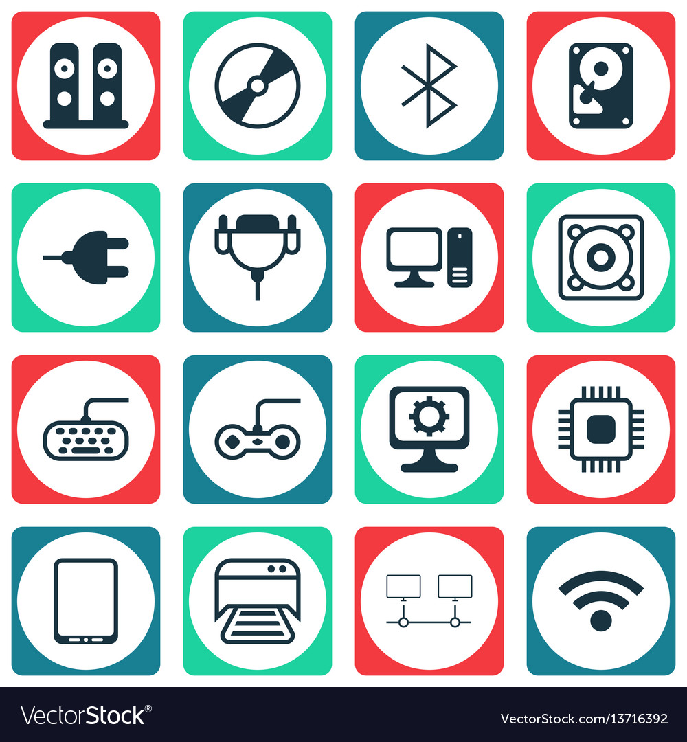 Set of 16 computer hardware icons includes chip vector image Set of 16 computer hardware icons includes chip