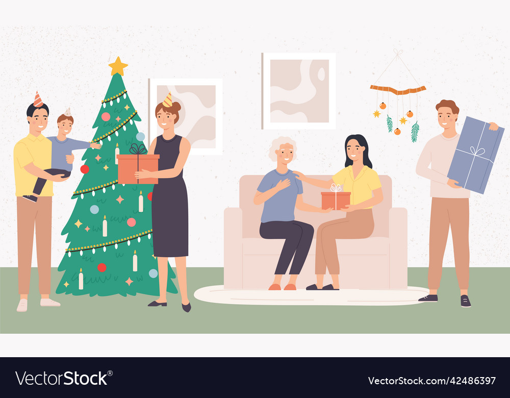 Christmas with happy family at home cartoon Vector Image