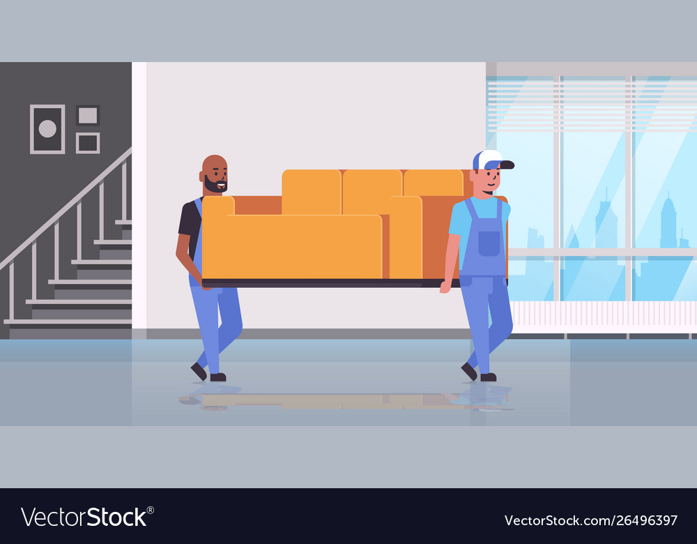 Two Mix Race Couriers In Uniform Moving Couch Vector Image