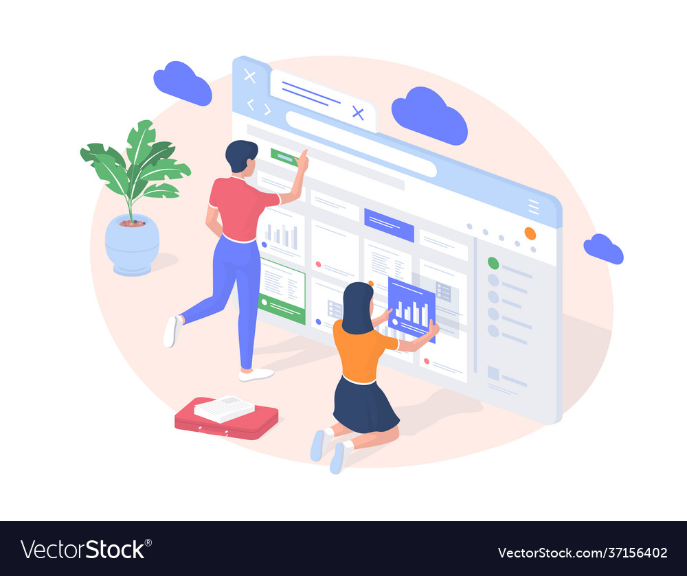 Developers go online to cloud storage realistic vector image Developers go online to cloud storage realistic