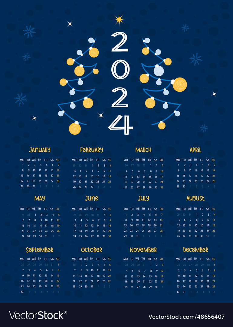 2024 annual calendar christmas yellow and blue bal