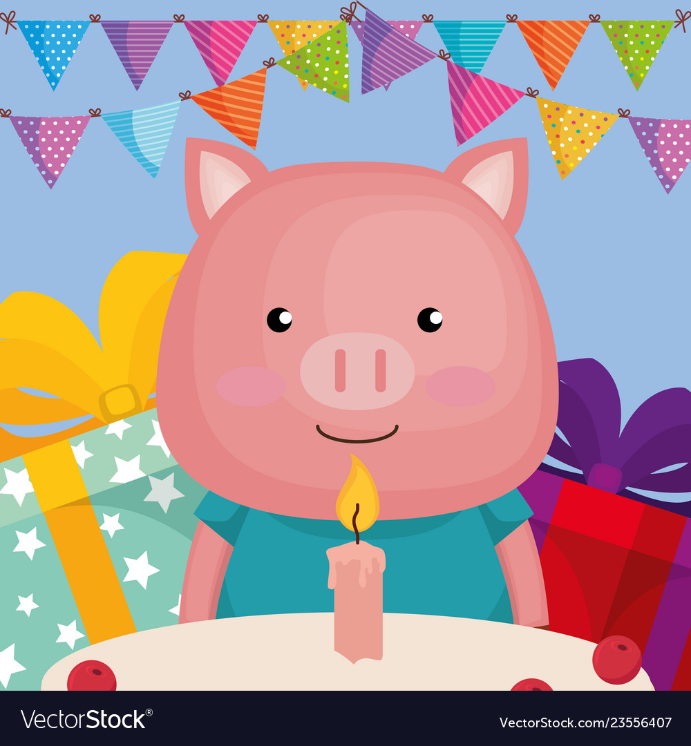 Cute and little pig with gifts and cake Royalty Free Vector