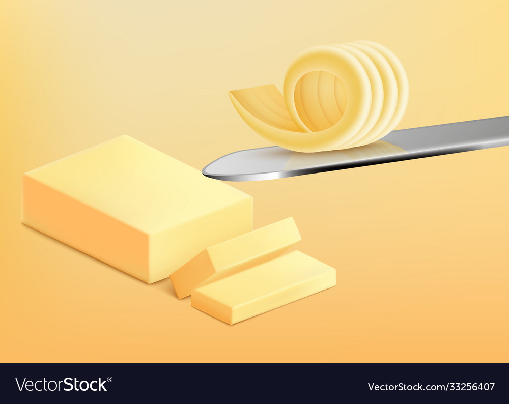 Realistic block butter sliced into pieces