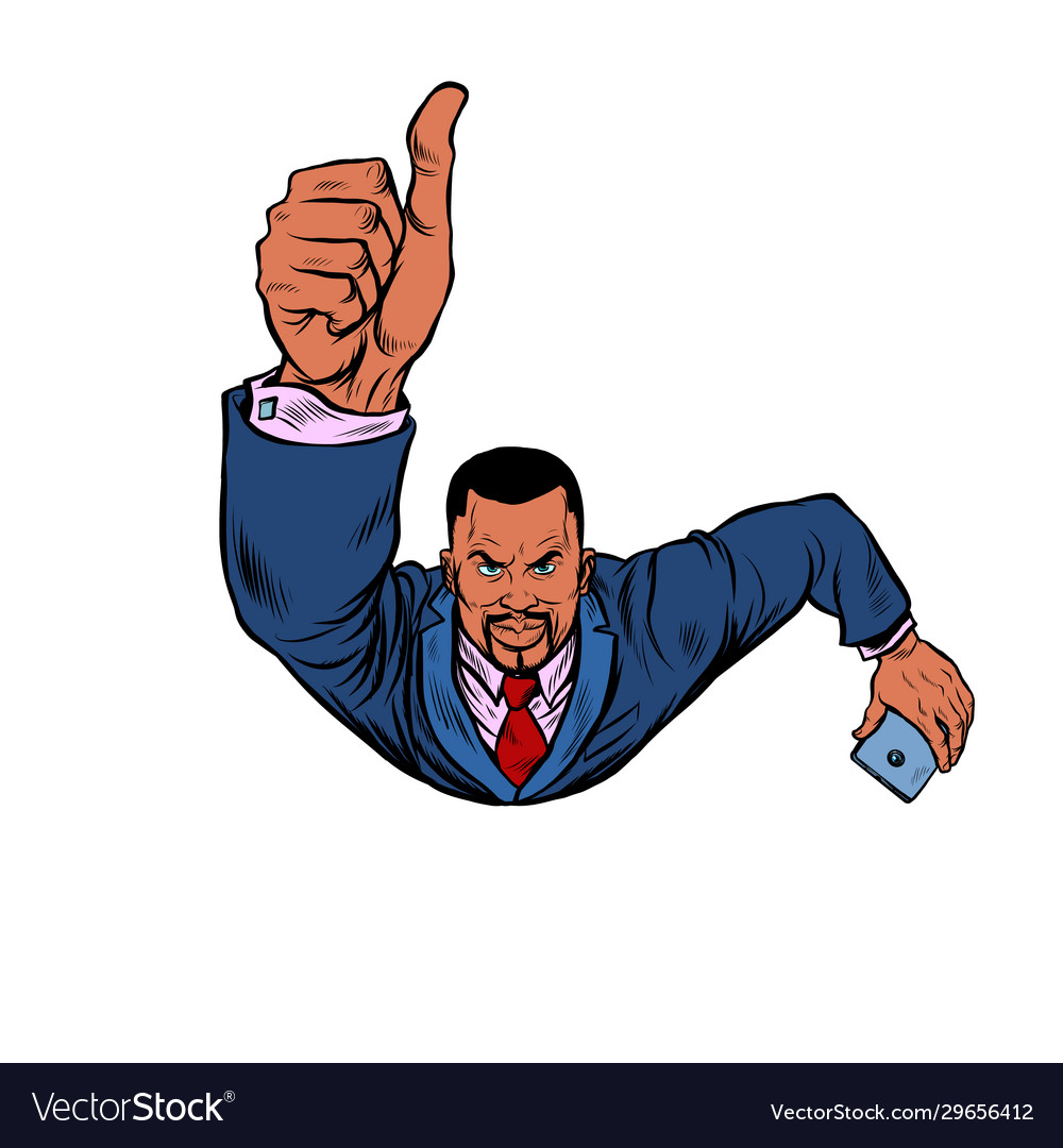 African businessman with a smartphone like thumbs Vector Image