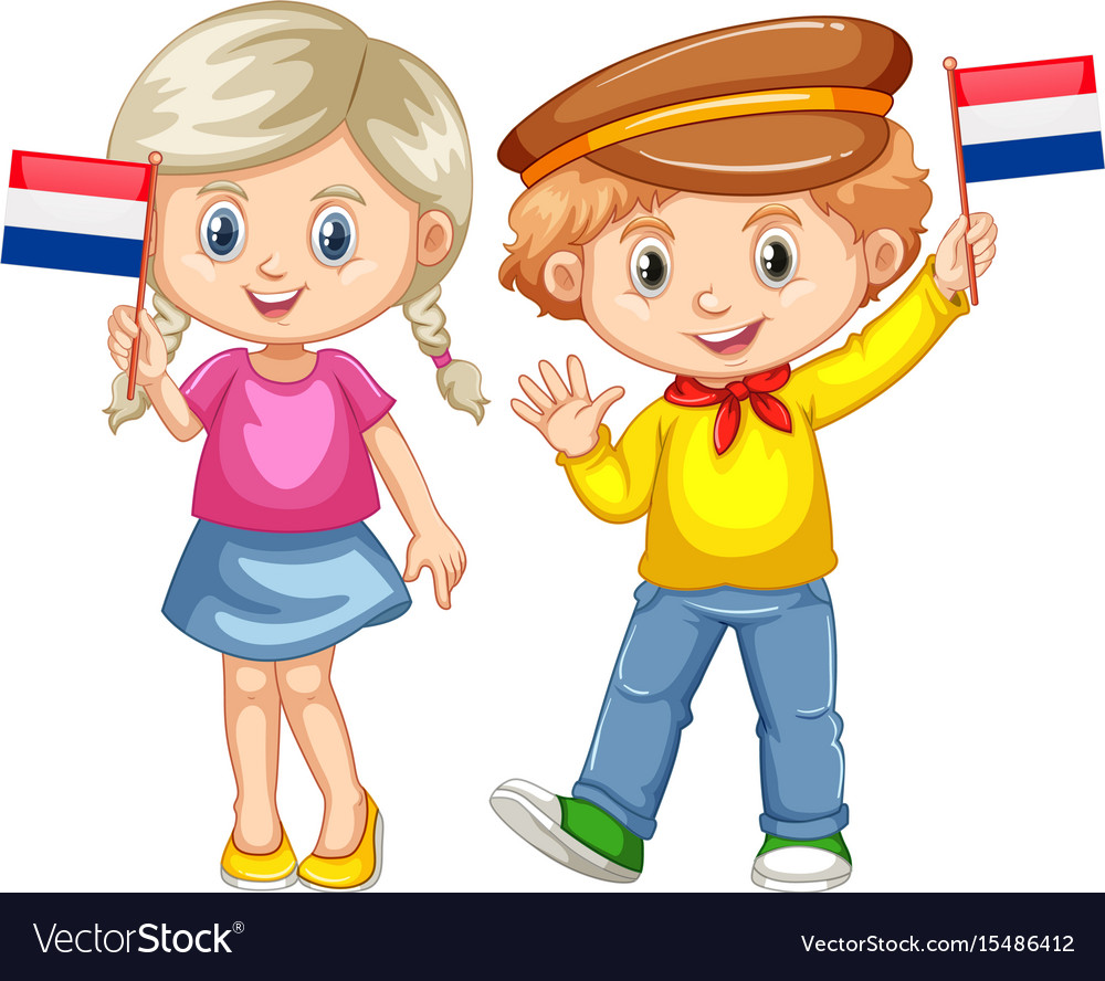 Boy and girl holding flag of netherland