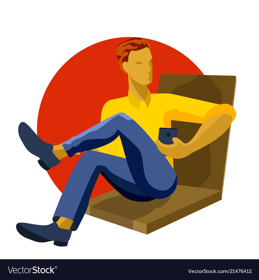 Man sitting playing with smartphone texting vector image Man sitting playing with smartphone texting