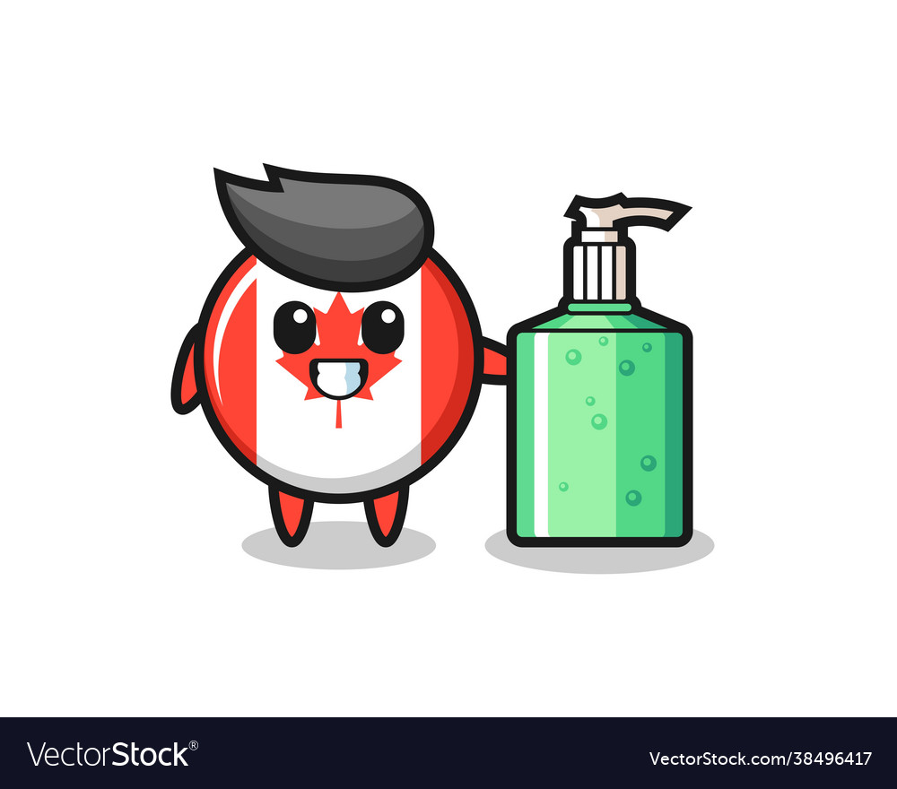 Cute canada flag badge cartoon with hand sanitizer