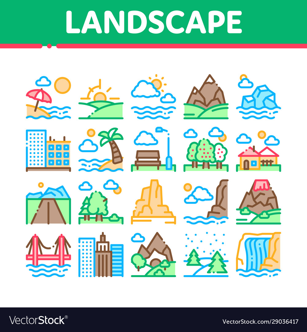 Landscape travel place collection icons set