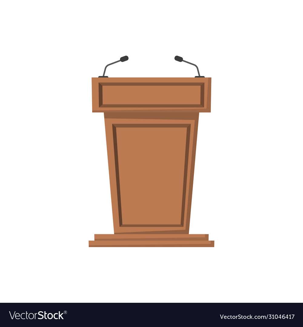 Wooden podium with microphones in flat style Vector Image