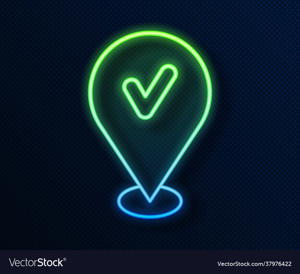 Glowing neon line map pin with check mark icon vector image Glowing neon line map pin with check mark icon