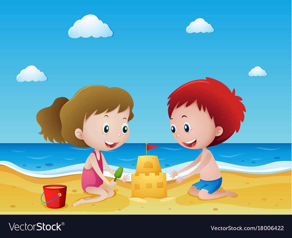 Kids playing sand on beach Royalty Free Vector Image