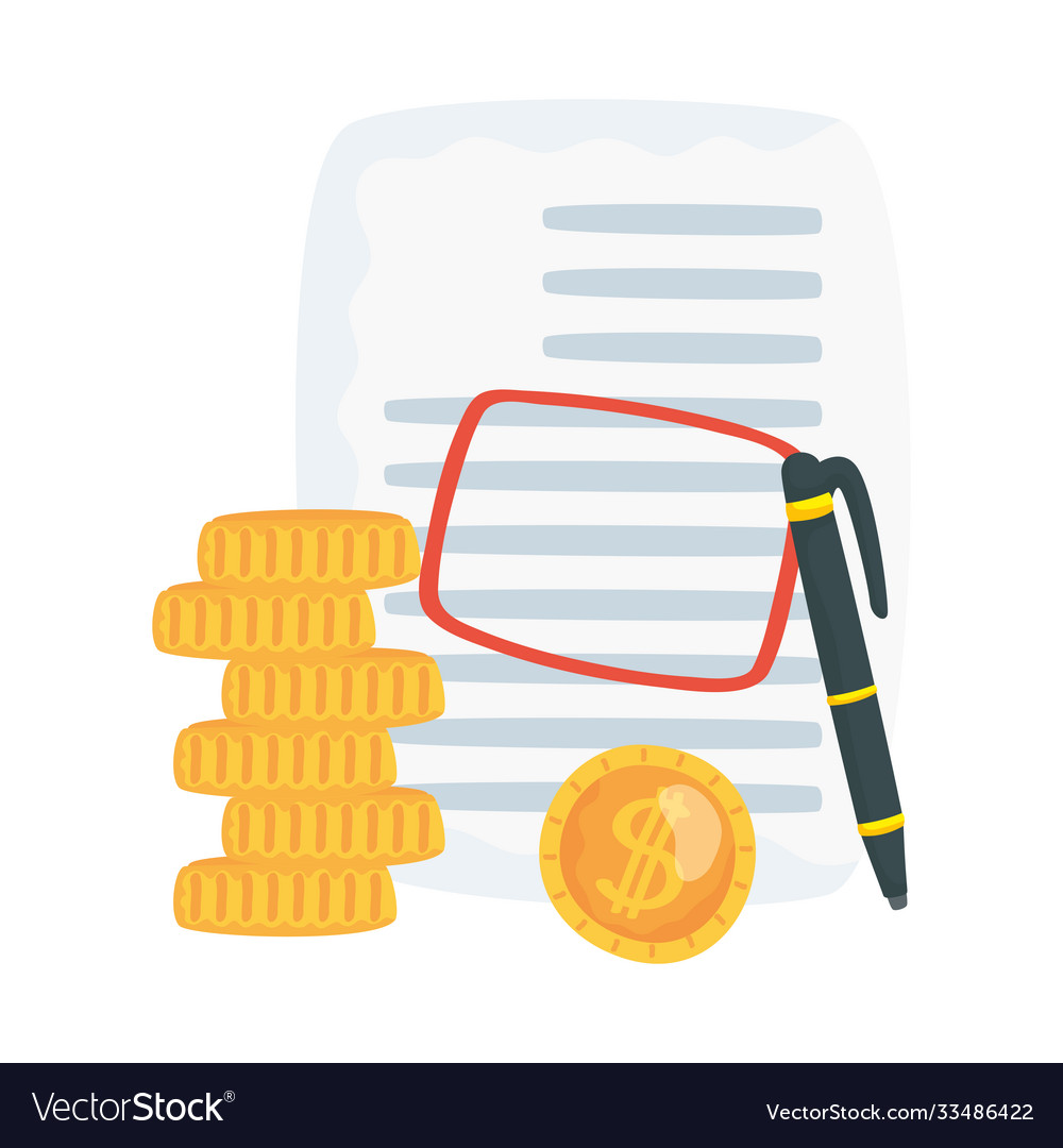Paper document file with pen and coins